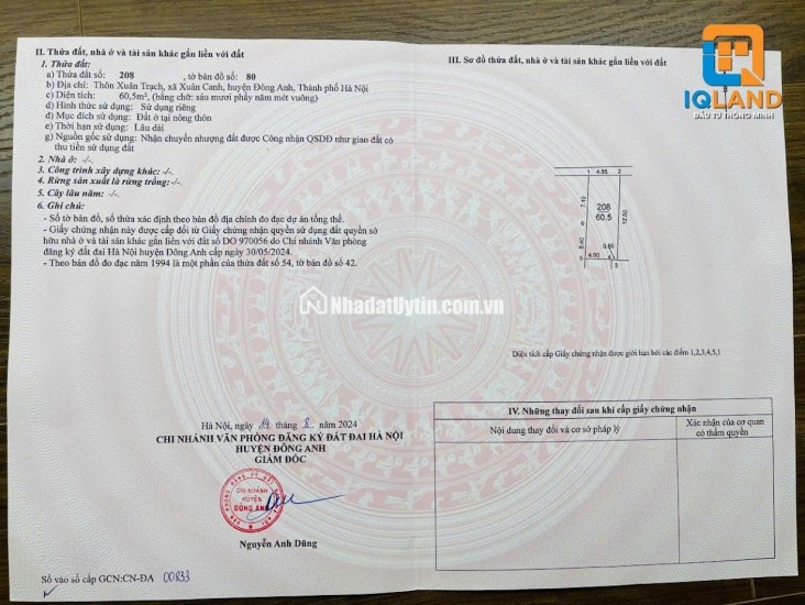BÁN ĐẤT 60,5M2 TẠI XUÂN CANH - ĐÔNG ANH